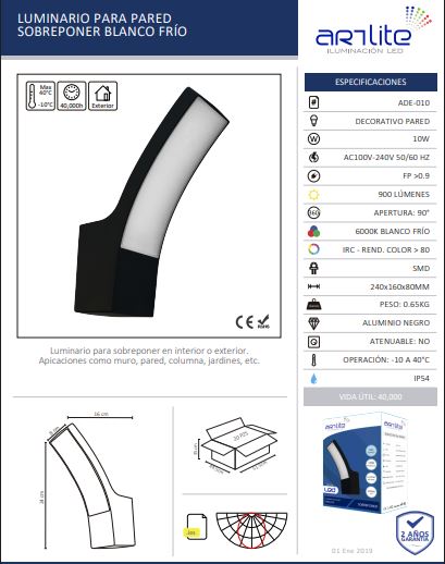 ADE-010 – LUMINARIA LED PARED CURVA NEGRA  6500K