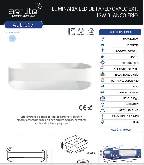 ADE-007 – LUMINARIA LED PARED OVALO GDE BLANCO 6500K